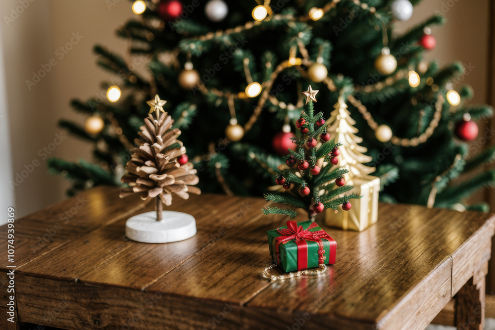 A cozy Christmas scene with miniature pine cone and mini Christmas trees A cozy Christmas scene with miniature pine cone and mini Christmas trees