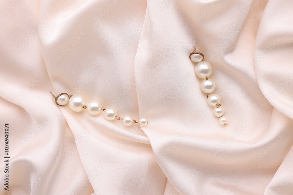 Beautiful pearl earrings on beige cloth, top view Beautiful pearl earrings on beige cloth, top view