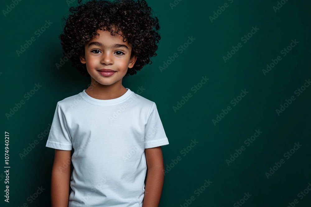 African American boy with black curly hair in white t-shirt on green background. Mockup template for brand, print and advertising. Studio shooting of cute little model. African American boy with black curly hair in white t-shirt on green background. Mockup template for brand, print and advertising. Studio shooting of cute little model.