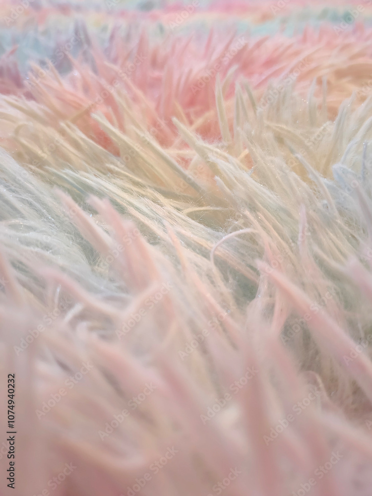 Close-up shot of fur, pastel rainbow carpet, rug, mat, fur, cotton, fluffy, natural light.Photography background pattern Close-up shot of fur, pastel rainbow carpet, rug, mat, fur, cotton, fluffy, natural light.Photography background pattern