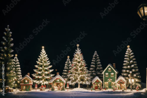 A winter village scene with snow-covered houses Christmas trees and festive figures