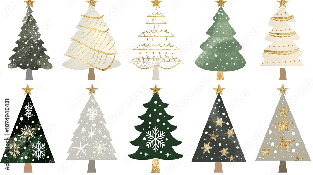 Obraz premium A set of hand-drawn Christmas tree icons in neutral tones