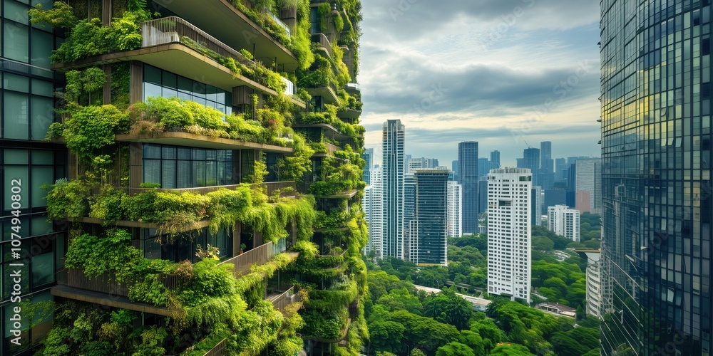 Obraz premium Vertical gardens enhance urban skyline with greenery, modern architecture, cityscape