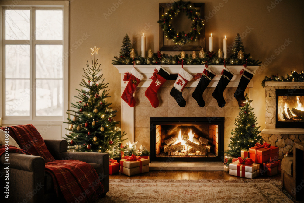 Fototapeta premium A cozy Christmas festive stockings hanging over a fireplace.