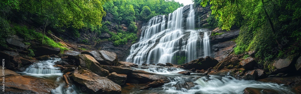 Fototapeta premium Amicalola Falls cascades gracefully through lush greenery under soft daylight, inviting nature lovers to explore its beauty and tranquility