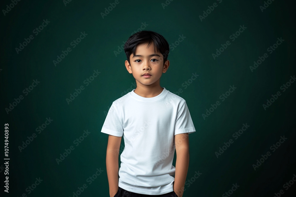 Asian boy with black hair in white t-shirt on green background. Mockup template for brand, print and advertising. Studio shooting of cute little model. Asian boy with black hair in white t-shirt on green background. Mockup template for brand, print and advertising. Studio shooting of cute little model.