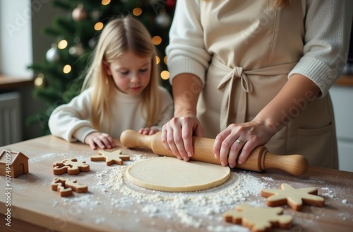 woman rolls out dough for cookies, little girl in white sweater with light hair stands next to her. mother and daughter prepare Christmas gingerbread in bright kitchen decorated for new year