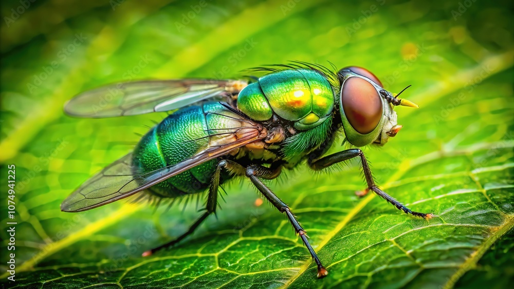Fly's detail, leaf's texture, thirds grid, close-up. Fly's detail, leaf's texture, thirds grid, close-up.