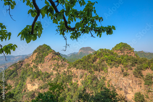 Beautiful view of satpura mountain range, View from Chouragarh Lord Shiva temple, Pachmarhi, Madhya Pradesh, India. photo