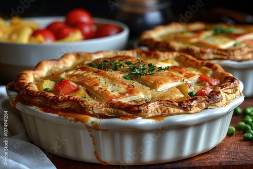 A close-up of a savory pot pie with a flaky crust, filled with savory ingredients and topped with fresh thyme