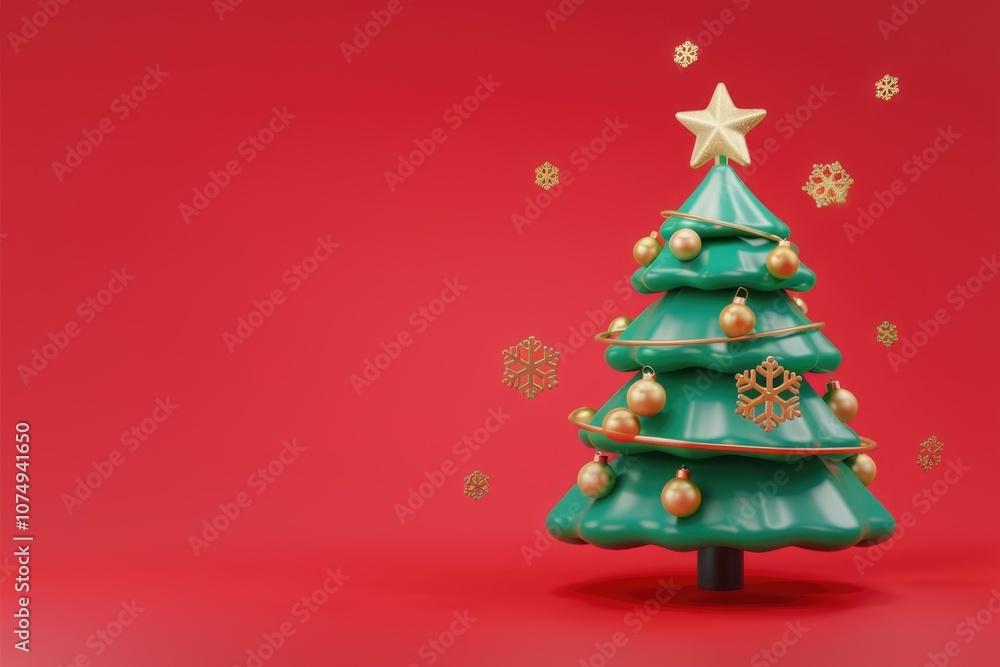 A 3D Christmas tree with gold ornaments and snowflakes on a red background. A 3D Christmas tree with gold ornaments and snowflakes on a red background.