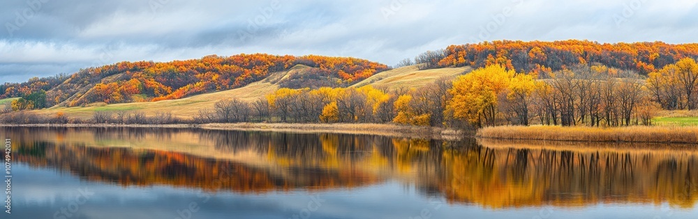 Breathtaking autumn panorama showcasing vibrant fall foliage reflecting on calm waters in a tranquil landscape