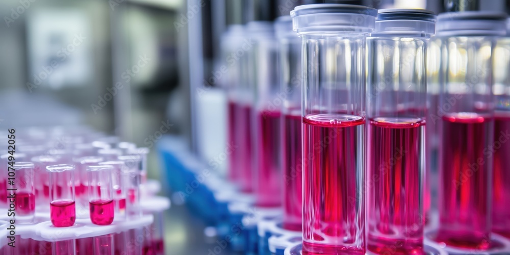 Test tubes with red liquid, laboratory setting, scientific research Test tubes with red liquid, laboratory setting, scientific research