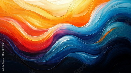 This abstract painting showcases a dynamic interplay of warm and cool colors, creating a visually captivating representation of flowing waves.