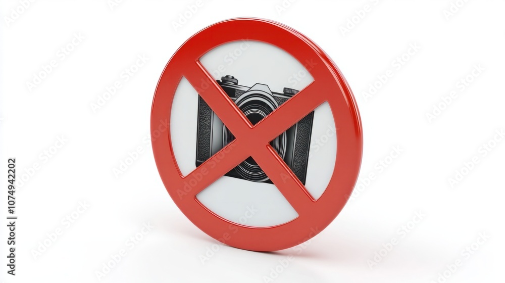3D prohibition sign with a crossed-out camera, isolated on white background, representing no photography 3D prohibition sign with a crossed-out camera, isolated on white background, representing no photography