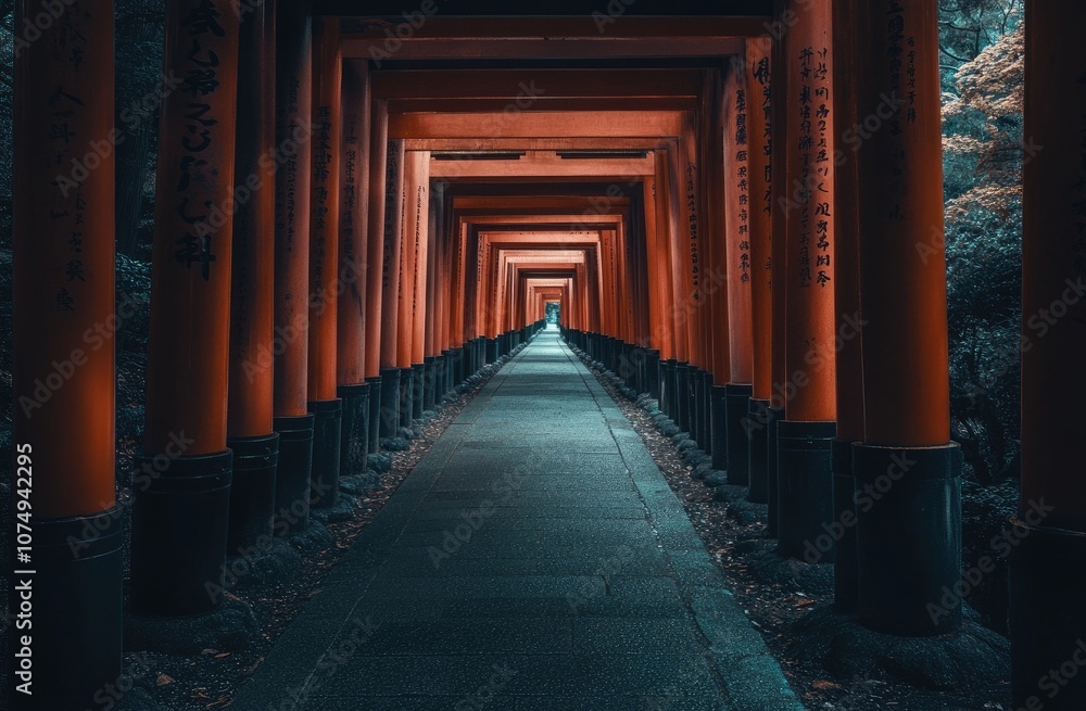 Fototapeta premium A straight path lined with orange torii gates, each gate covered in black calligraphic symbols, leading to the center of Fushimi Inari-taisha shrine