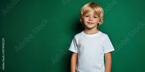 Nordic boy with blond long hair in white t-shirt on pink background. Mockup banner template for brand, print and advertising. Studio shooting of cute little model.