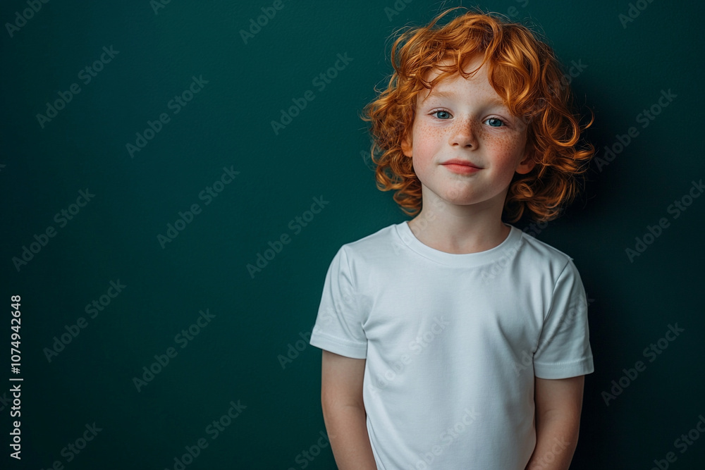 Caucasian boy with ginger long curly hair in white t-shirt on green background. Mockup template for brand, print and advertising. Studio shooting of cute little model. Caucasian boy with ginger long curly hair in white t-shirt on green background. Mockup template for brand, print and advertising. Studio shooting of cute little model.