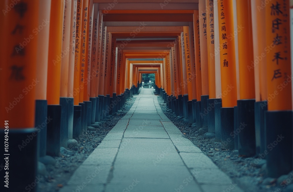 A straight path lined with orange torii gates, each gate covered in black calligraphic symbols, leading to the center of Fushimi Inari-taisha shrine A straight path lined with orange torii gates, each gate covered in black calligraphic symbols, leading to the center of Fushimi Inari-taisha shrine