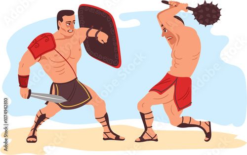Gladiators fight scenes. Roman warriors. People in armor. Muscular legionnaires in battlefield. Colosseum battle. Soldiers attacking and defending with weapon. Splendid vector concept