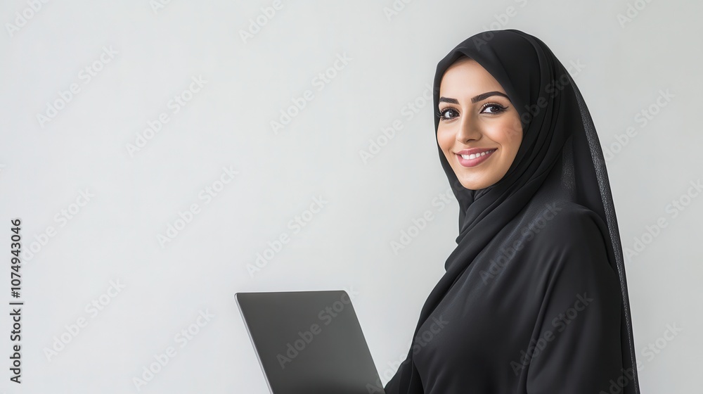 Arabian woman wearing a black abaya holding laptop, copy space Arabian woman wearing a black abaya holding laptop, copy space