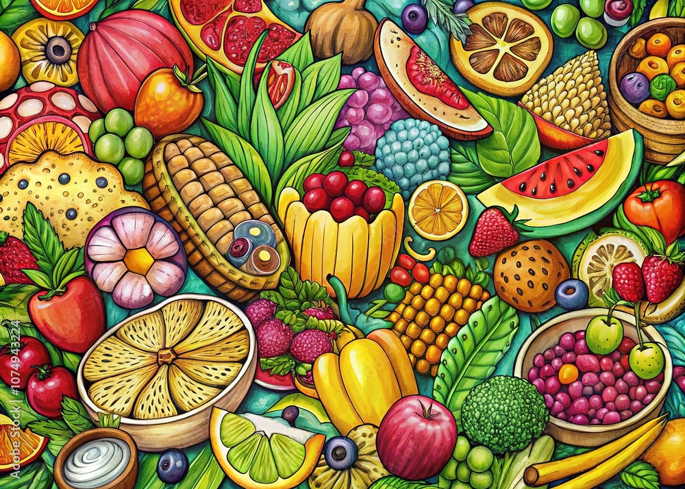 Fruit and food panorama; joyful, hand-drawn art. Fruit and food panorama; joyful, hand-drawn art.