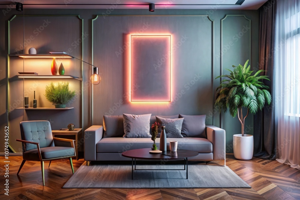 a living room with a couch, a table, and a large light on the wall a living room with a couch, a table, and a large light on the wall