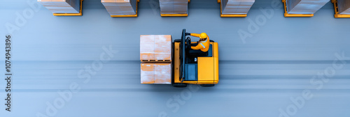 Overhead view of warehouse ,Male warehouse worker pulling a pallet truck , High angle ,Forklift Truck Operator Lifts Pallet with ardboard Box, Logistics, Distribution Center,foremen,manager. photo