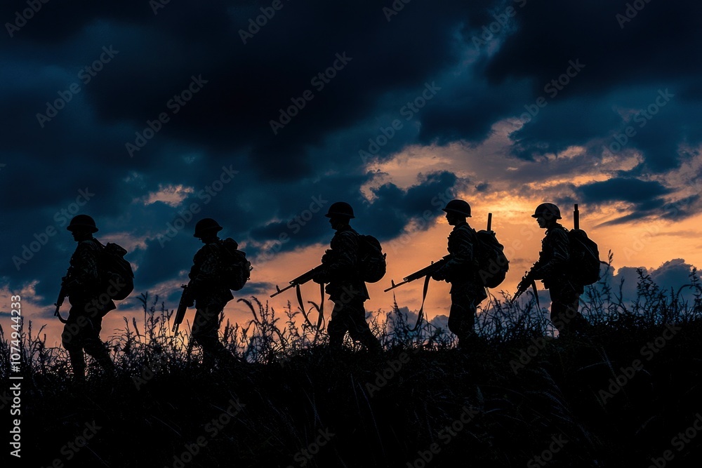 World War Soldiers Silhouette Below Cloudy Skyline At night World War Soldiers Silhouette Below Cloudy Skyline At night