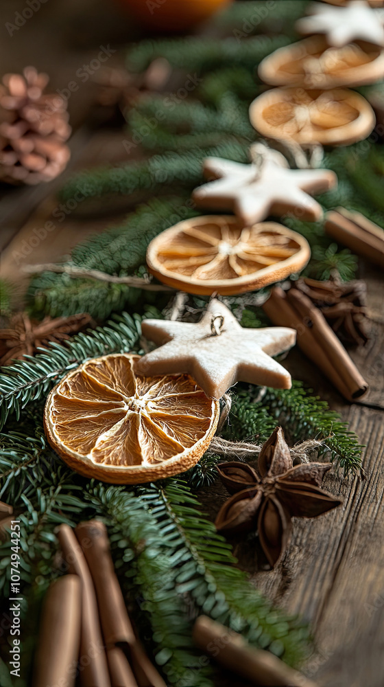 An image of sustainable Christmas decoration with dried oranges, cinnamon sticks. DYI idea. Perfect for banners, promotions, social media An image of sustainable Christmas decoration with dried oranges, cinnamon sticks. DYI idea. Perfect for banners, promotions, social media