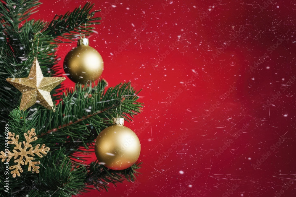 A close up of a decorated Christmas tree branch against a red background A close up of a decorated Christmas tree branch against a red background