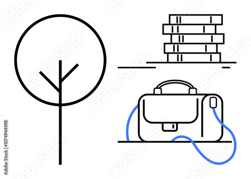 Simple tree sketch, leather briefcase with blue strap, and stack of books. Ideal for work-life balance, nature inclusion, minimalistic design, education themes, work organization, professional life