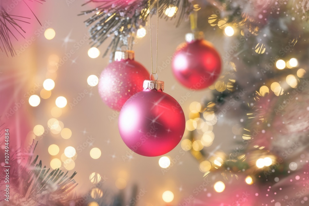 Pink Christmas ornaments hang on a tree with twinkling lights. Pink Christmas ornaments hang on a tree with twinkling lights.