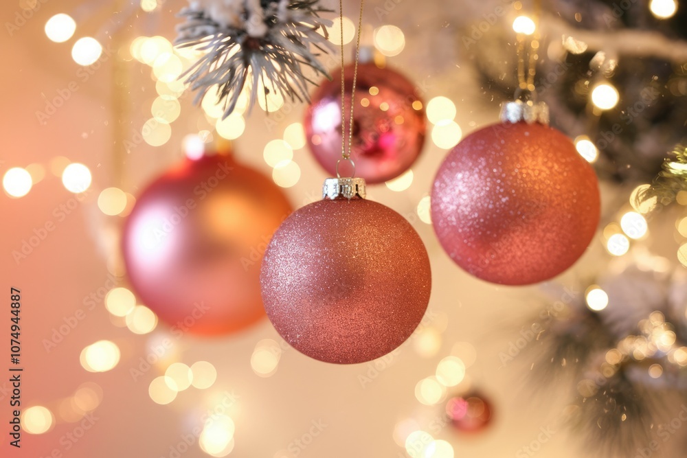 Pink Christmas ornaments hanging on a tree with lights Pink Christmas ornaments hanging on a tree with lights