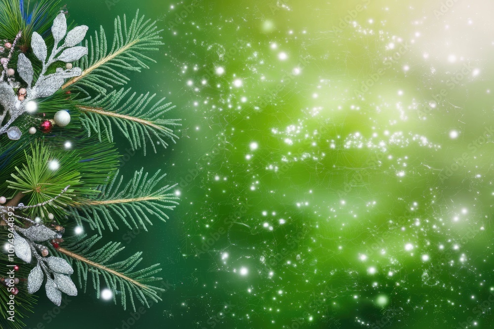 A festive pine branch with silver ornaments against a green sparkling background. A festive pine branch with silver ornaments against a green sparkling background.