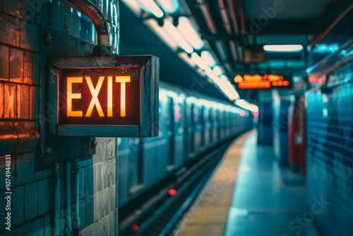 Emergency Exit Sign in Subway Station at Night photo