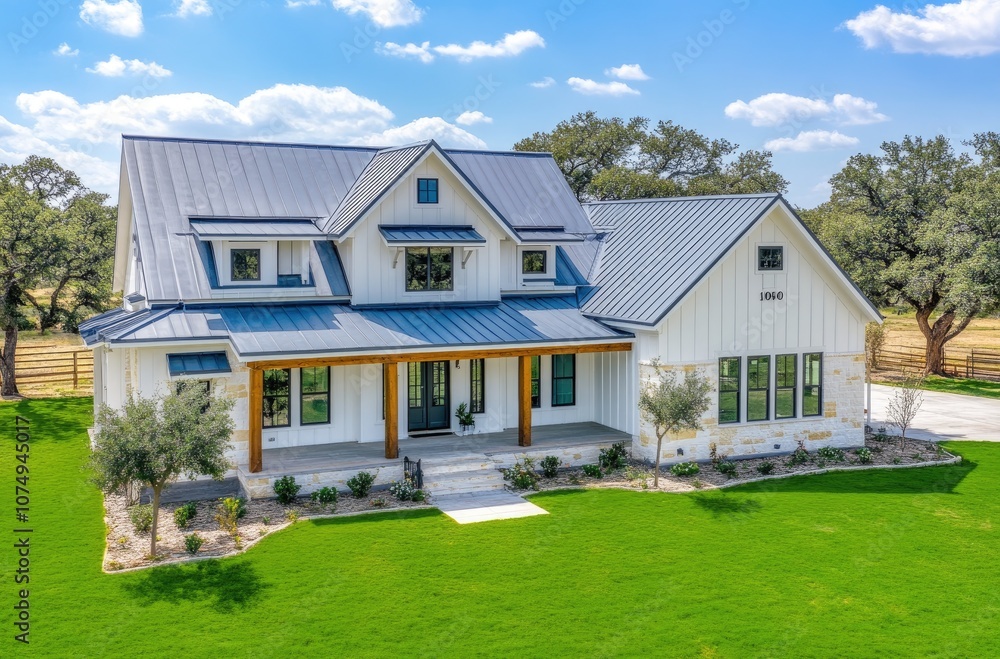 Aerial view of a modern farmhouse-style home with a white and blue roof, white walls, gray trim, black windows, and a large front porch Aerial view of a modern farmhouse-style home with a white and blue roof, white walls, gray trim, black windows, and a large front porch
