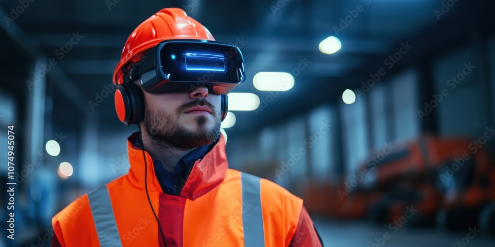 Virtual reality headset user in industrial setting, safety gear, focused expression Virtual reality headset user in industrial setting, safety gear, focused expression