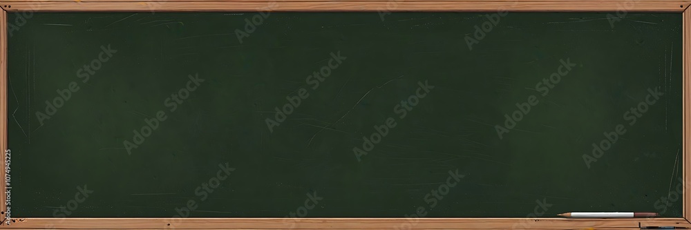 A blank green chalkboard with a wooden frame and a white piece of chalk. A blank green chalkboard with a wooden frame and a white piece of chalk.