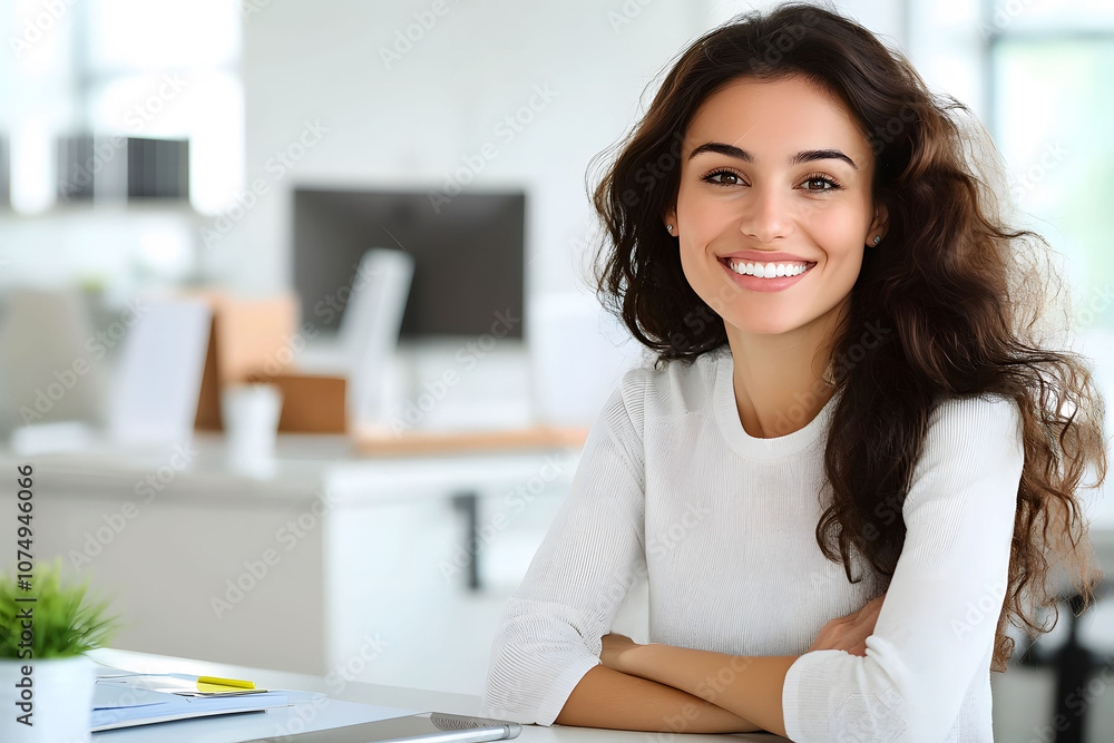 Confident businesswoman smiling at the office desk Confident businesswoman smiling at the office desk
