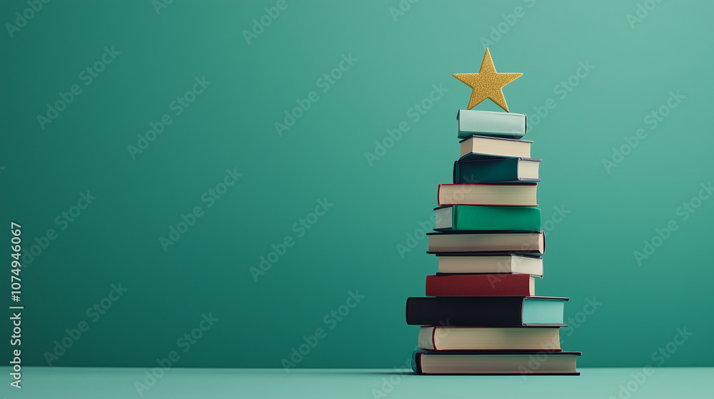 stylized, minimalistic Christmas tree made from stacked books, with a star made of a golden bookmark on top.
stylized, minimalistic Christmas tree made from stacked books, with a star made of a golden bookmark on top.