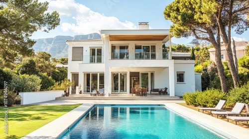 Elegant white and wood luxury home with a pool and pine trees, creating a natural and stylish atmosphere under sunny skies