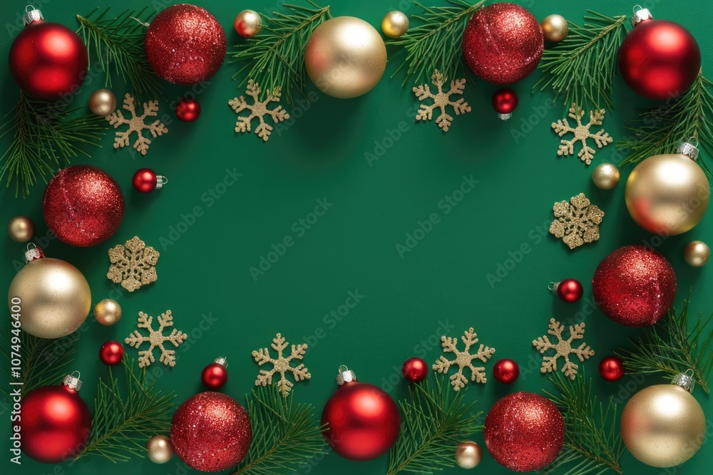 Red and gold Christmas ornaments arranged around a green background Red and gold Christmas ornaments arranged around a green background