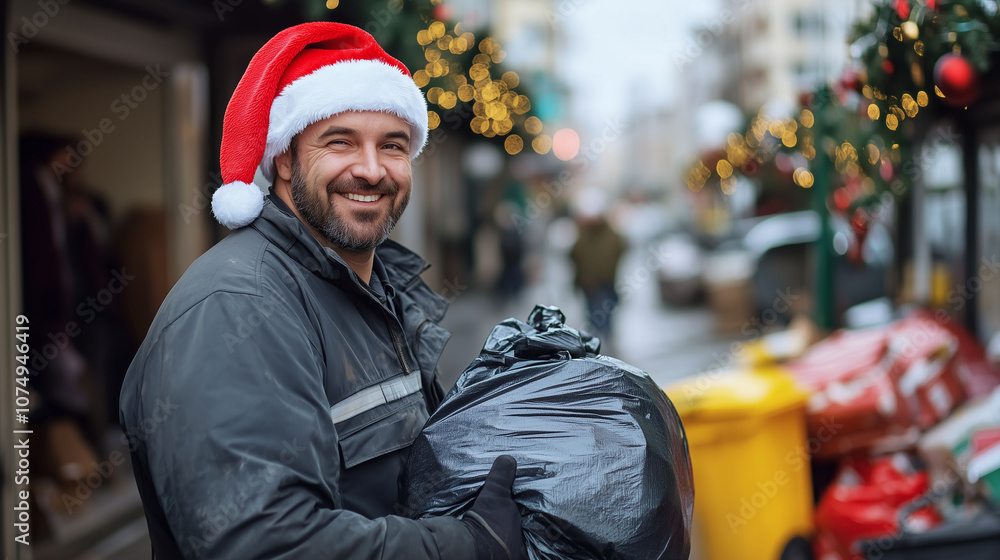 Obraz premium realistic portrait of a garbage collector wearing a bright Santa hat, smiling as he holds a trash bag, against a backdrop of a residential street with Christmas decorations.
