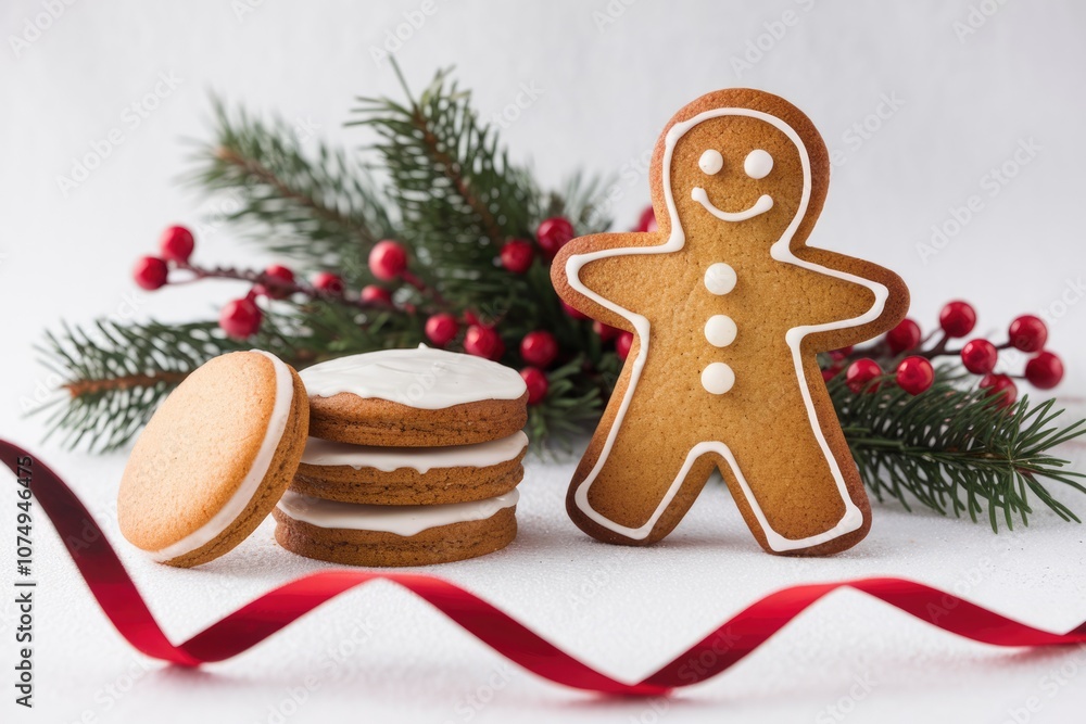 Gingerbread man cookie with frosted cookies and festive greenery. Gingerbread man cookie with frosted cookies and festive greenery.