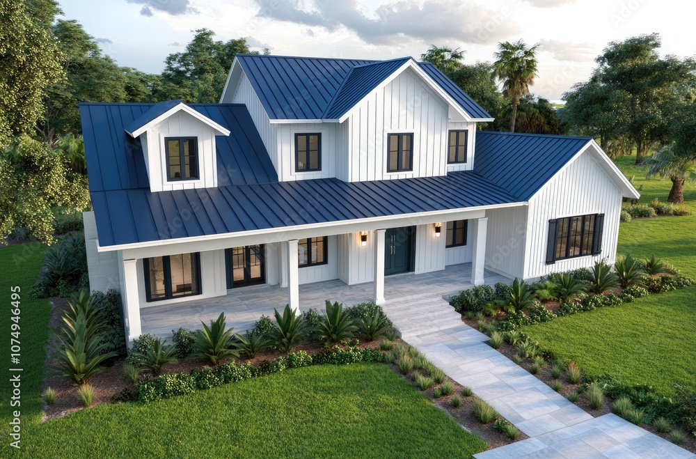 a white and navy blue modern farmhouse-style home with a shingle roof, a large front yard, and an aerial view a white and navy blue modern farmhouse-style home with a shingle roof, a large front yard, and an aerial view