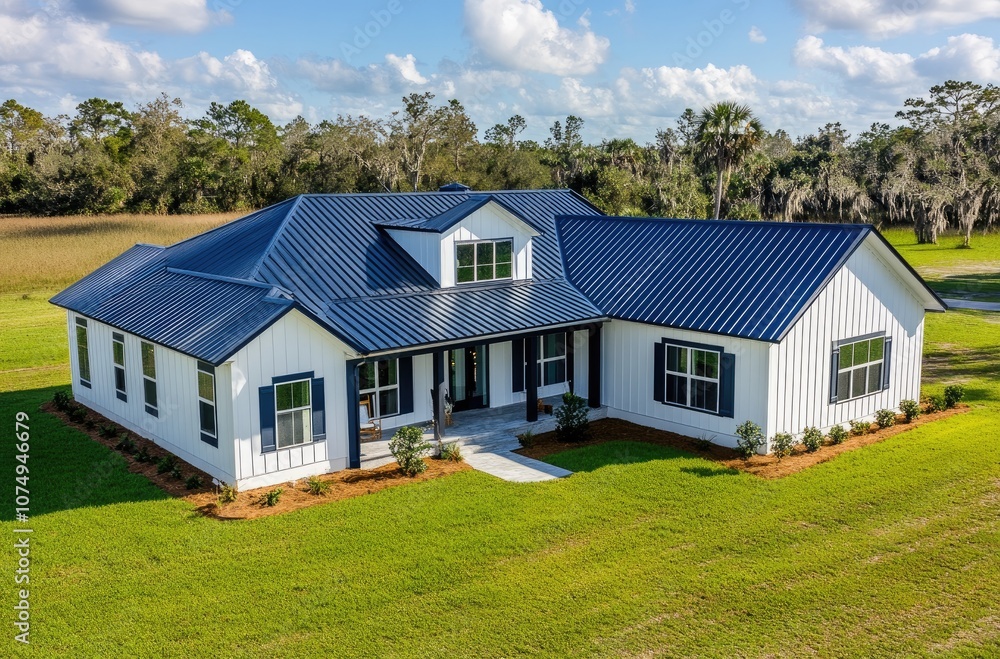 a white and navy blue modern farmhouse-style home with a shingle roof, a large front yard, and an aerial view a white and navy blue modern farmhouse-style home with a shingle roof, a large front yard, and an aerial view