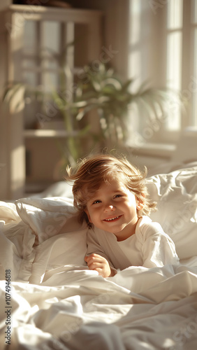 Wallpaper Mural Smiling Woman Relaxing in Bed in Warm Sunlit Bedroom Torontodigital.ca