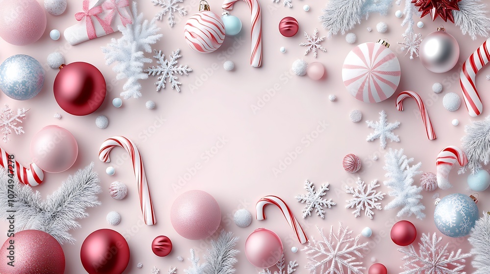 Festive Christmas Frame with Red and Pink Ornament Decoration and Seasonal Candy Canes : Generative AI Festive Christmas Frame with Red and Pink Ornament Decoration and Seasonal Candy Canes : Generative AI