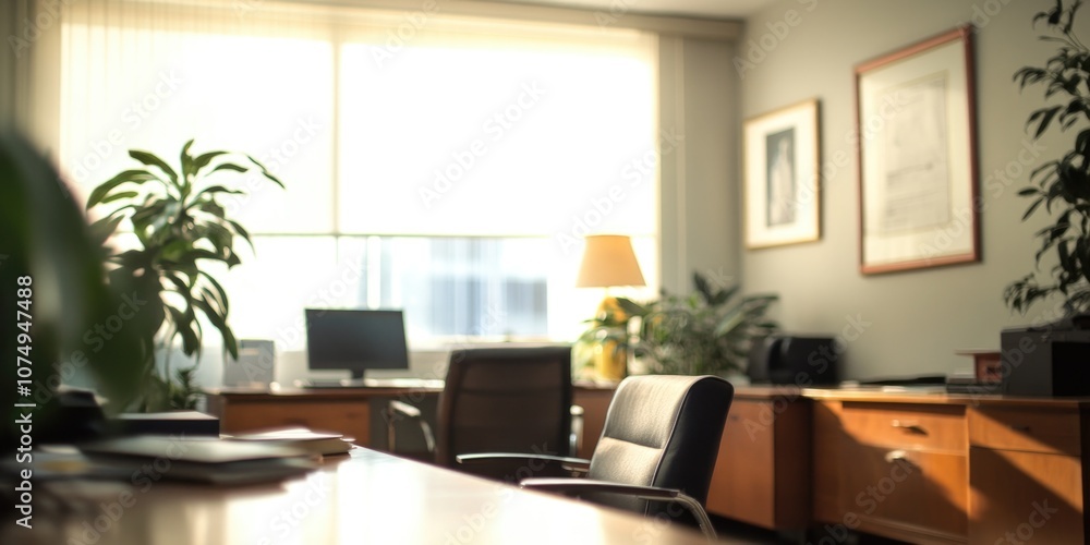 Fototapeta premium A well-lit and organized professional business environment with modern furniture and a conference table.